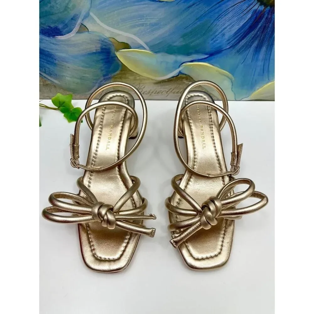 Loeffler Randall Mikel Gold Leather Bow Ankle Strap Block Heel Sandals 6
